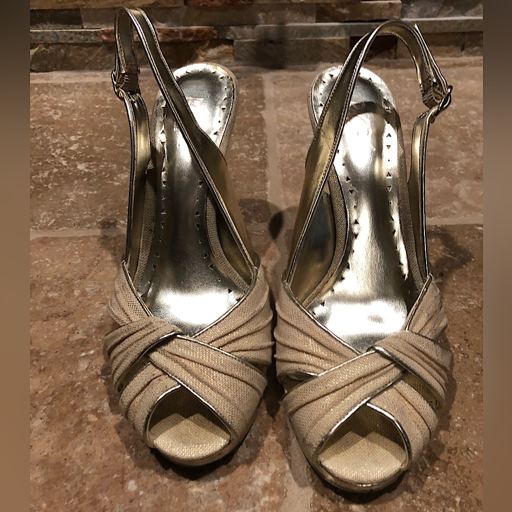 BCBG Paris Gold and Tan Heels